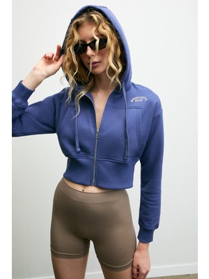 Grimelange ELARA Kadın Metal Fermuarlı Nakışlı Kapüşonlu Crop İndigo Sweatshirt