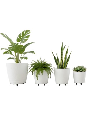 Sepetink 4’lü 3D Beyaz Ayaklı Saksı Seti Modern Minimal Dekoratif Vazo