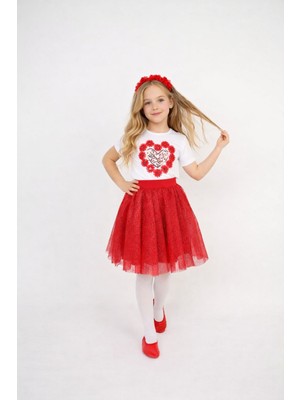 Dıgıl Kids Kız Çocuk Kalp ve Çiçek Desenli T-Shirt Etek Takım