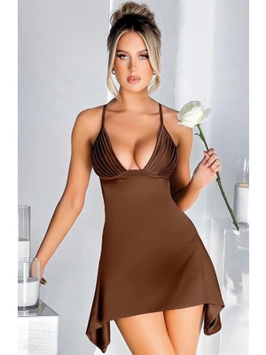 Aria's Closet Arias Closet Özel Tasarım Ince Askılı Göğüs Dekolteli Kahverengi Mini Saten Gecelik