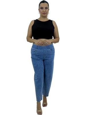 Zanessi Büyük Beden Denim Mom Yüksek Bel Paça Taş Detaylı Kadın Pantolon