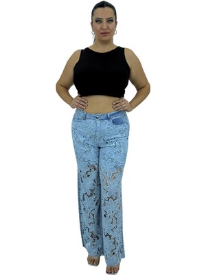 Zanessi Büyük Beden Tensel Dantel Yüksek Bel Kemerli Bol Paça Kadın Pantolon