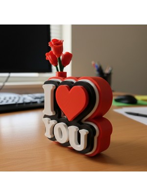 Riva Self I Love You Yazılı Güllü Dekoratif Figür - Sevgililer Günü Özel Hediyelik 3D Pla Masaüstü Obje