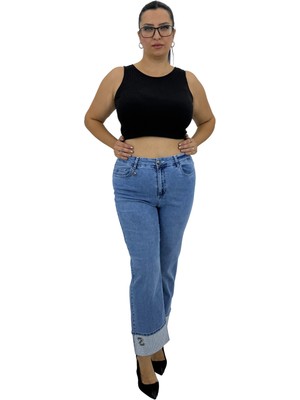 Büyük Beden Denim Yüksek Bel Toparlayıcı Paça Taş Detaylı Bol Paça Kadın Pantolon