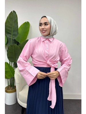 Tesettür Diyarı Kadın Bağlama Detaylı Gömlek -Pembe