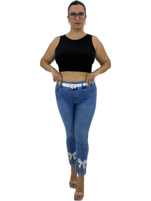 Zanessi Büyük Beden Denim Kemerli Paça Taş Detaylı Dar Paça Kadın Pantolon