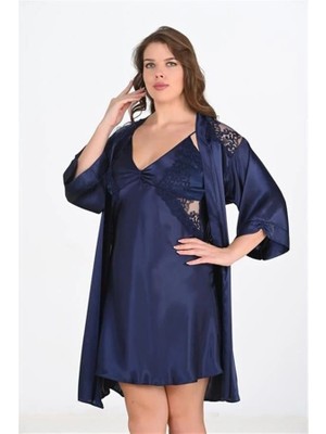 Aria's Closet Arias Closet Premium Büyük Beden Saten Dantel Işlemeli Lacivert 2'li Gecelik Sabahlık Takımı Bigsize