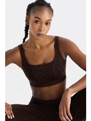 COMEUP Leopar Desenli Kadın Sporcu Sütyeni Kahve Çekirdeği Nefes Alabilir Kumaş ve Şık Tasarım