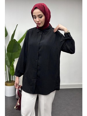 Tesettür Diyarı Düz Düğme Kapamalı Tam Kalıp Gömlek-Siyah