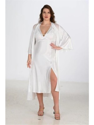 Aria's Closet Arias Closet Premium Büyük Beden Saten Dantel Işlemeli Ekru Uzun Yırtmaçlı 2'li Gecelik Sabahlık Takımı Bigsize