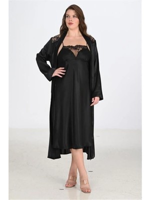 Aria's Closet Arias Closet Premium Büyük Beden Saten Dantel Işlemeli Siyah 2'li Gecelik Sabahlık Takımı Bigsize
