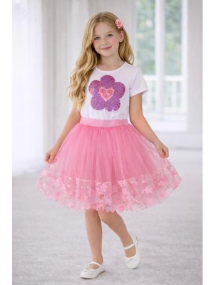 Dıgıl Kids Kız Çocuk Kalp ve Çiçek Desenli T-Shirt Etek Takım