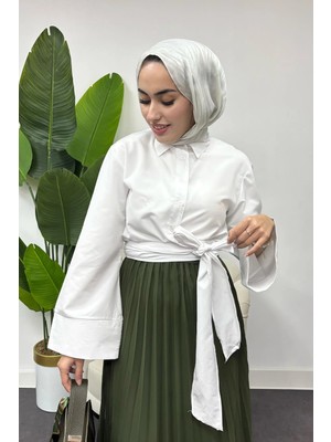 Tesettür Diyarı Kadın Bağlama Detaylı Gömlek -Beyaz