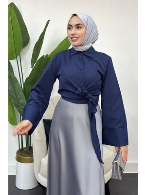 Tesettür Diyarı Kadın Bağlama Detaylı Gömlek -Lacivert