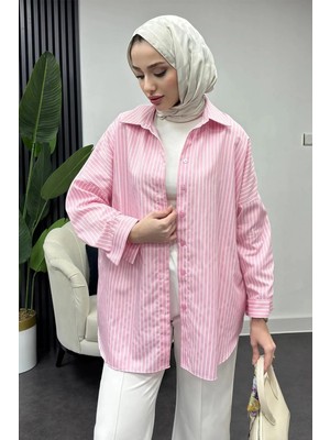 Tesettür Diyarı Kadın Oversize Çizgili Gömlek-Pembe