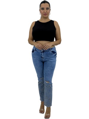 Büyük Beden Denim Toparlayıcı Yırtık Yıpratma Detaylı Taş Işlemeli Dar Paça Kadın Pantolon