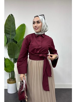 Tesettür Diyarı Kadın Bağlama Detaylı Gömlek -Bordo