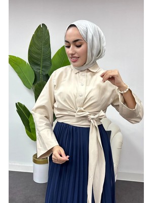 Tesettür Diyarı Kadın Bağlama Detaylı Gömlek -Krem