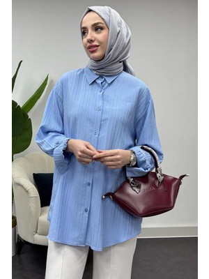 Tesettür Diyarı Düz Düğme Kapamalı Tam Kalıp Gömlek-Mavi