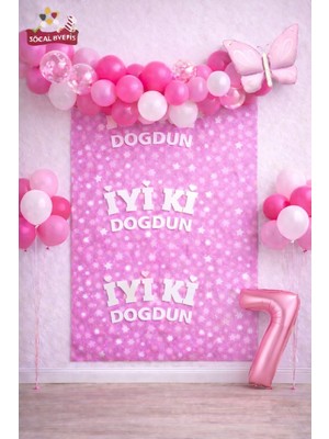Retro Kelebekli Pembe Yaş Balonlu Iyi Ki Doğdun Baskılı Arkafon Doğum Günü Parti Seti Süsü
