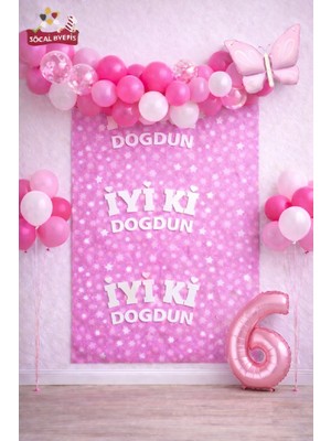 Bkmc Retro Kelebekli Pembe Yaş Balonlu Iyi Ki Doğdun Baskılı Arkafon Doğum Günü Parti Seti Süsü