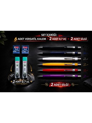 W-Design 6 Adet 0.7 Versatil Kalem + 2 Adet 0,7 Uç + 2 Adet Silgi 10 Lu Set