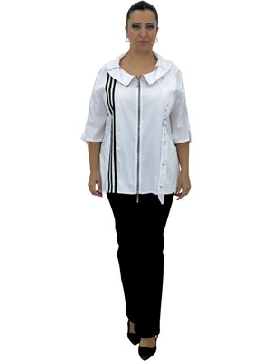 La Sortie Büyük Beden Fermuarlı Kapri Kol Şerit Kemer Detaylı Cepli Kadın Gömlek