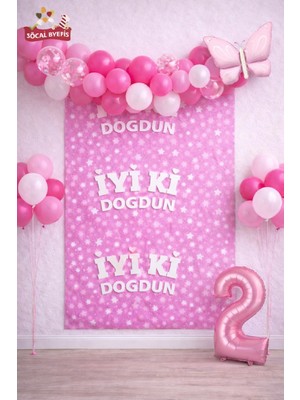 Bkmc Party Retro Kelebekli Pembe Yaş Balonlu Iyi Ki Doğdun Baskılı Arkafon Doğum Günü Parti Seti Süsü
