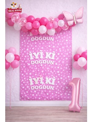 Bkmc Party Retro Kelebekli Pembe Yaş Balonlu Iyi Ki Doğdun Baskılı Arkafon Doğum Günü Parti Seti Süsü