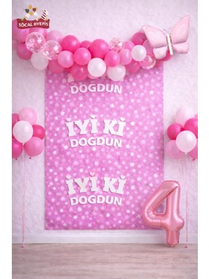 Bkmc Retro Kelebekli Pembe Yaş Balonlu Iyi Ki Doğdun Baskılı Arkafon Doğum Günü Parti Seti Süsü