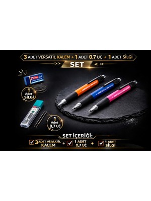 W-Design 3 Adet 0.7 Versatil Kalem + 1 Adet 0,7 Uç + 1 Adet Silgi 5 Lı Set