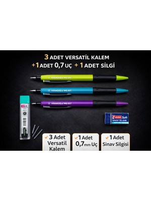 W-Design 3 Adet 0.7 Versatil Kalem + 1 Adet 0,7 Uç + 1 Adet Silgi 5 Lı Set