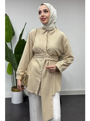 Tesettür Diyarı Kadın Bağlama Detaylı Gömlek -Bej