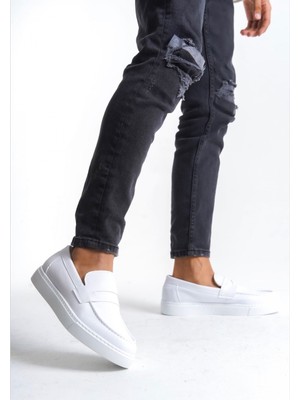 BOA BA0580 Bağcıksız Kuşaklı Yüksek Taban Beyaz Cilt Erkek Ayakkabı