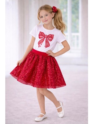 Dıgıl Kids Kız Çocuk Kurdele Desenli T-Shirt Etek Takım