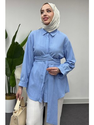 Tesettür Diyarı Kadın Bağlama Detaylı Gömlek -Mavi
