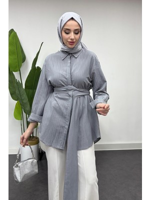 Tesettür Diyarı Kadın Bağlama Detaylı Gömlek -Gri