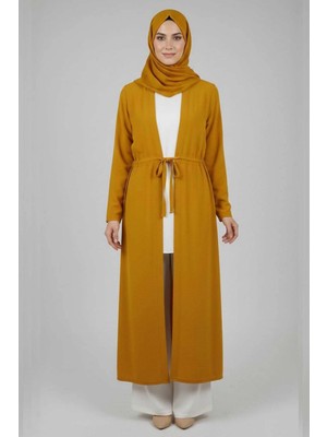 Tesettür Diyarı Kadın Aerobin Kumaş Mevsimlik Rahat Kesim Kuşaklı Uzun Kap-Hardal