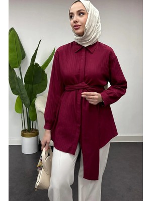 Tesettür Diyarı Kadın Bağlama Detaylı Gömlek -Bordo