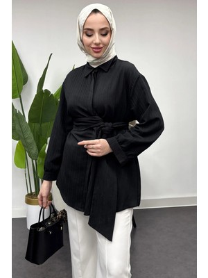 Tesettür Diyarı Kadın Bağlama Detaylı Gömlek -Siyah