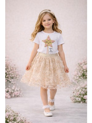 Dıgıl Kids Kız Çocuk Yıldız ve Çiçek Desenli T-Shirt Etek Takım