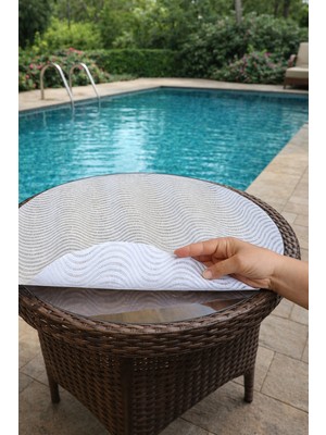 Orta Sehpa Gümüş Paralel Çizgili Yuvarlak Pvc Dantelli Sehpa Örtüsü Çeyizlik  Şeffaf Pvc Masa Örtüsü