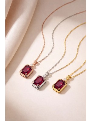 Doğal Pırlantalı 925 Ayar Gümüş Yakut Kolye, 14 Ayar Altın & Rose Altın Kaplama Baget Kolye