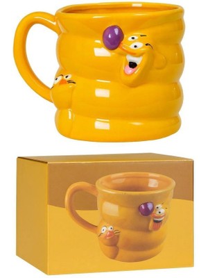 Nirnisa Sarı Kedili Köpekli Seramik 3D Kupa Bardak Sevgiliye Hediye Kulplu Kahve Çay Bardağı Mug Fincan