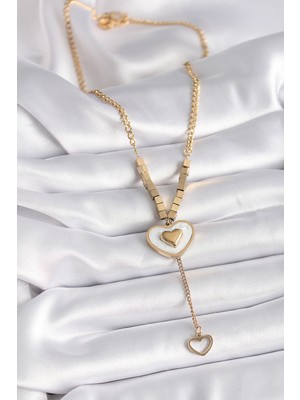 Fantastik Store 316L Çelik Gold Renk Beyaz Sedefli Kalp Model Sallantı Detay Kadın Kolye - Lisinya