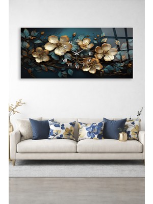 Olinpa Kırılmaz Cam Duvar Saati , Hem Tablo Hem Saat Mavi Gold Çiçekler Tasarım Saat Ev Salon Saat Ofis  Hediyesi