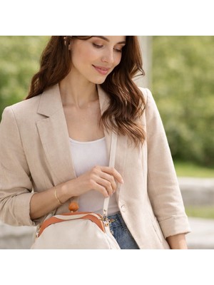 Retro Ahşap Top Kilitli Krem Deri Kadın Omuz & Çapraz Çanta