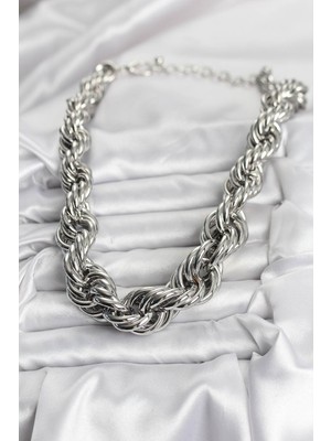 Fantastik Store Pirinç Gümüş Renk Sarmal Halat Model Kadın Kolye - Lisinya