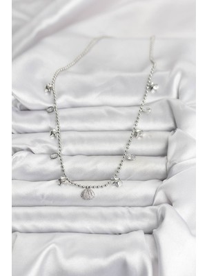 Fantastik Store Pirinç Gümüş Renk Zirkon Taşlı Deniz Kabuğu Model Kadın Kolye - Lisinya