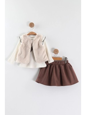 Wow Kız Çocuk Bayramlık Kürk Yelekli Etek Takımı 2-5 Yaş Fiyonklu Bluzlu Şık Kombin